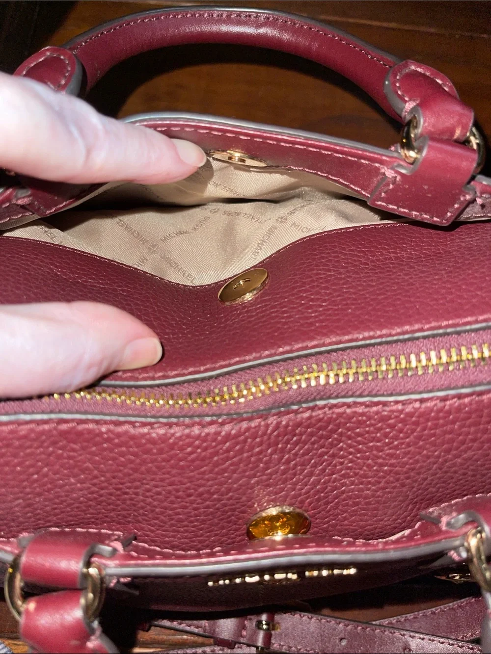 NWOT MICHAEL KORS Small Burgundy Pebbled Leather Satchel with Gold Hardware
